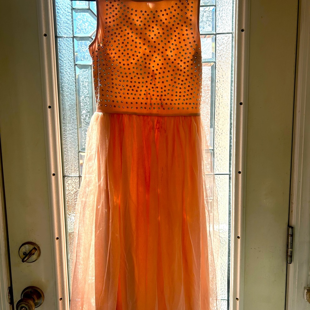 Long dress with silver pink rhinestones embellishments